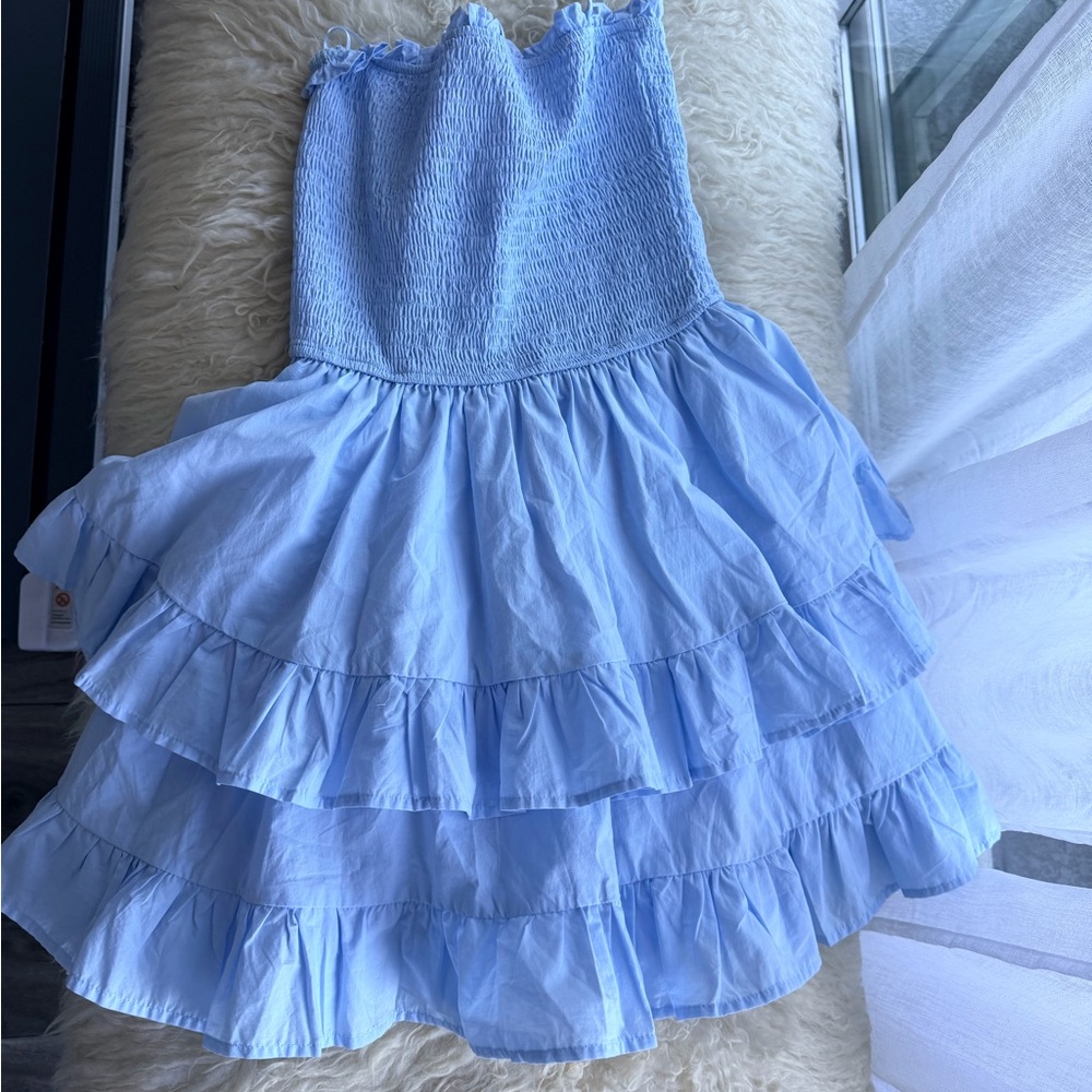 Baby Blue Bandeau Ruffle Tiered Mini Dress - Small- New- NWOT